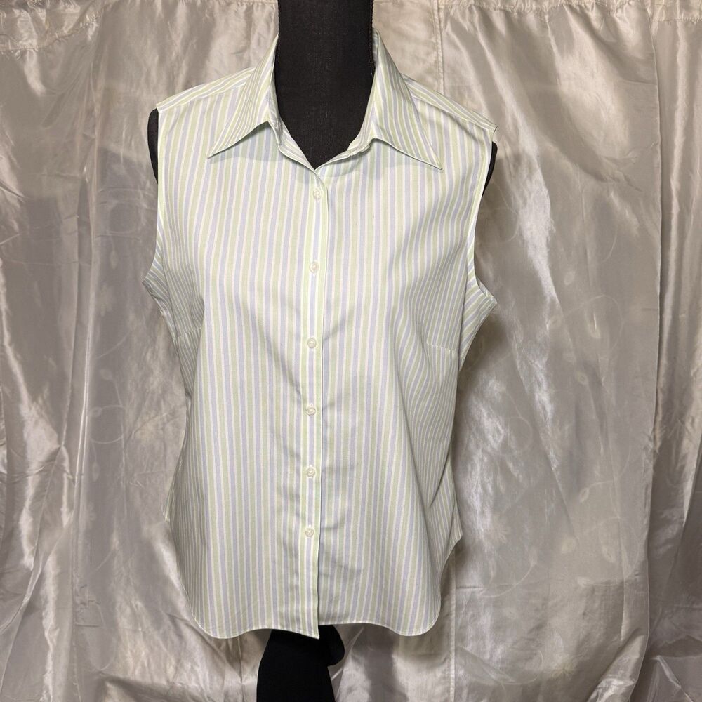 Brooks Brothers 346 Women’s Sleeveless Button Up Shirt Blue Green Stripe Size 14